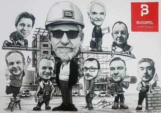 Budopol na wesoło - rysunek prezent dla szefa firmy - karykatura zbiorowa 9 osobowa prezes z zarządem - zamówienie online ze zdjęcia