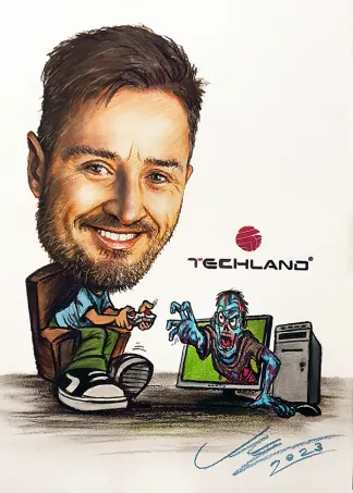 Poznań karykatura ze zdjecia z logo firmy Techland 