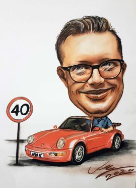 karykatura na 40-urodziny zamówienie ze zdjęcia maku-art (porsche 911)