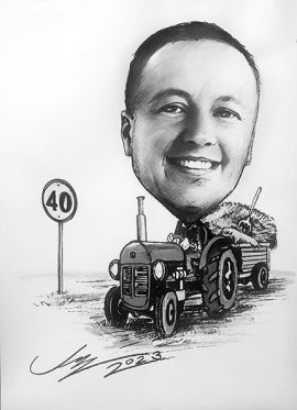 karykatura z traktorem - prezent dla męża na 40 urodziny