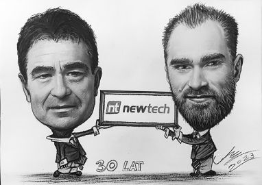 30-lat Newtech - karykatura 2-osobowa z logo firmy
