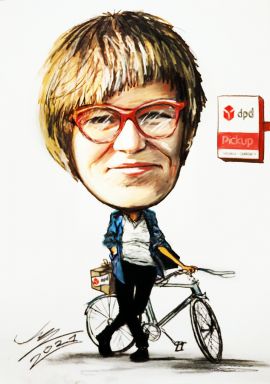 Przykład karykatury z rowerem - karykatura portretowa kolor na zamówienie na prezent na 30 40 50 urodziny ze zdjęcia