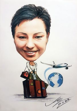 karykatura na prezent zamówienie ze zdjęcia dziewczyna z walizką w podróży rusza w świat