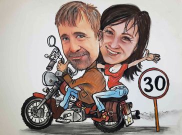 karykatura dwóch osób - na zamówienie online na 30 rocznice ślubu na motorze na urodziny