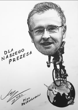 Prezent dla prezesa firmy - czarno-biała karykatura na rowerze rys z fotografii