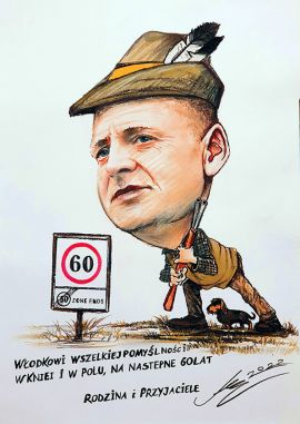 Prezent na 60-te urodziny - zamówienie online ze zdjęcia karykatura myśliwego Warszawa Kraków Łódź