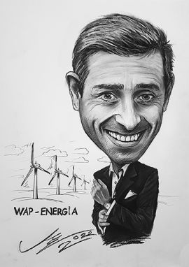 WAP-ENERGIA karykatura z zegarkiem na tle wiatraków